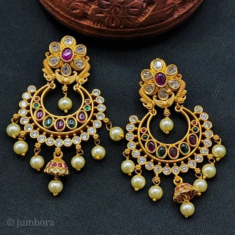 women's earrings with hoop design -Matte Gold Chaandbali Kemp earrings