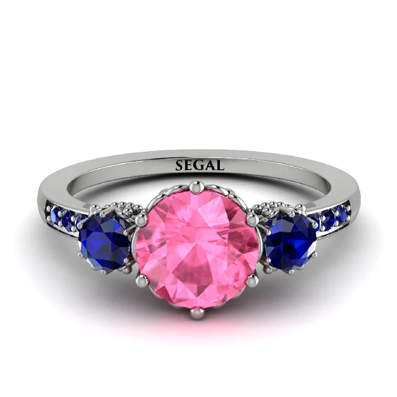 women's engagement rings with matching ring set -Vintage 3 Stones Pink Moissanite Ring With Micro Pave - Luna No. 812