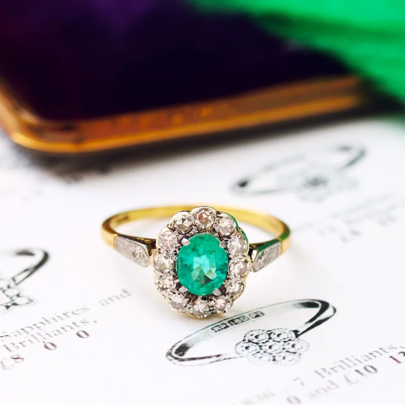 women's engagement rings with side diamond accents -Vintage Floral Emerald & Diamond Cluster Ring