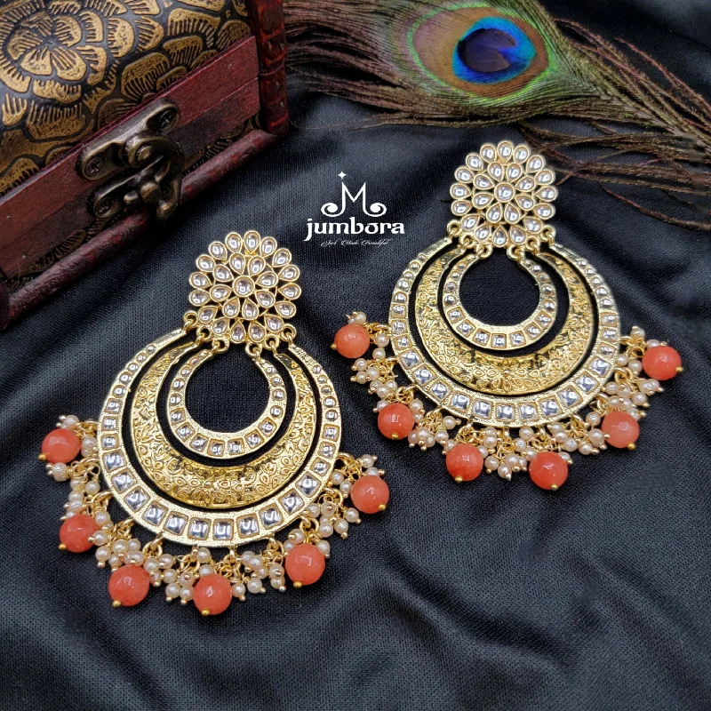 women's earrings with etched detail -Statement Chand Bali Kundan Earrings with Orange Bead