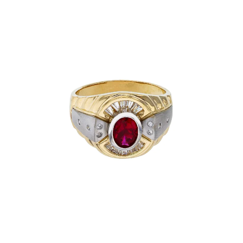 women's rings with pear-shaped diamond -Two-Tone Channel Setting Red Oval Stone Men's Ring (14K)