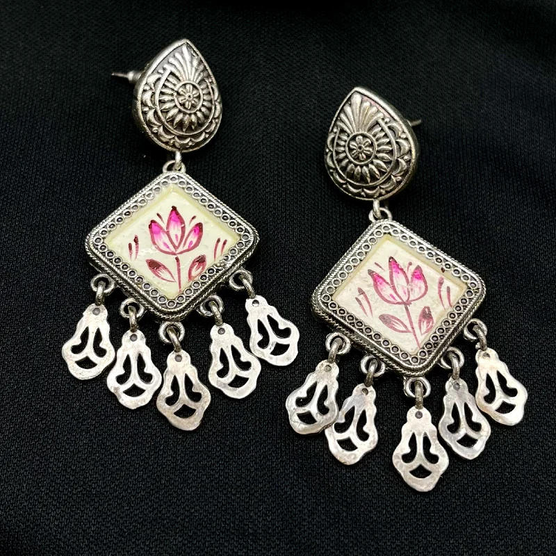 women's earrings with classy studs -Oxidized German Silver Hand Painted Meenakari Earrings