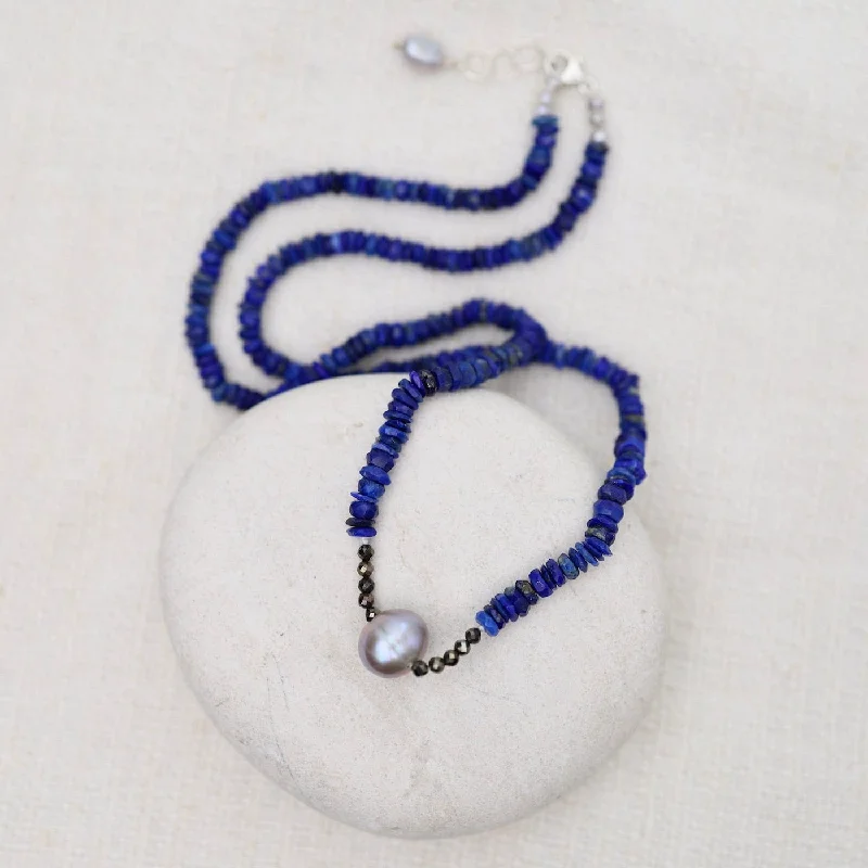 women's necklaces with butterfly design -Lapis with Grey Pearl Necklace