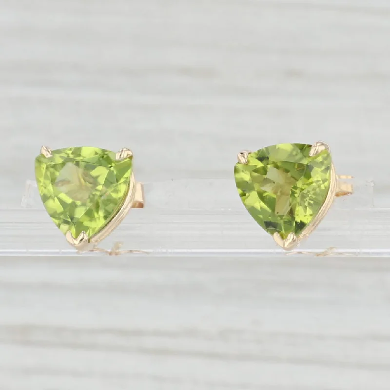 women's earrings with multicolored stones -3.20ctw Green Peridot Stud Earrings 14k Yellow Gold Trillion Cut Studs