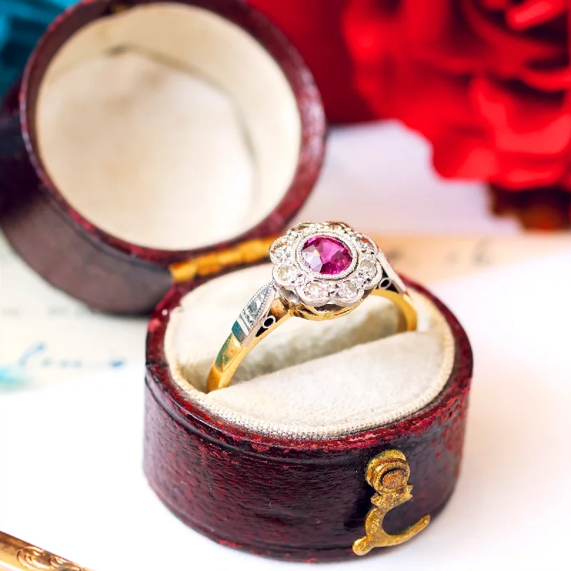 women's engagement rings with geometric shapes -Vintage Romance! Ruby & Diamond Daisy Ring