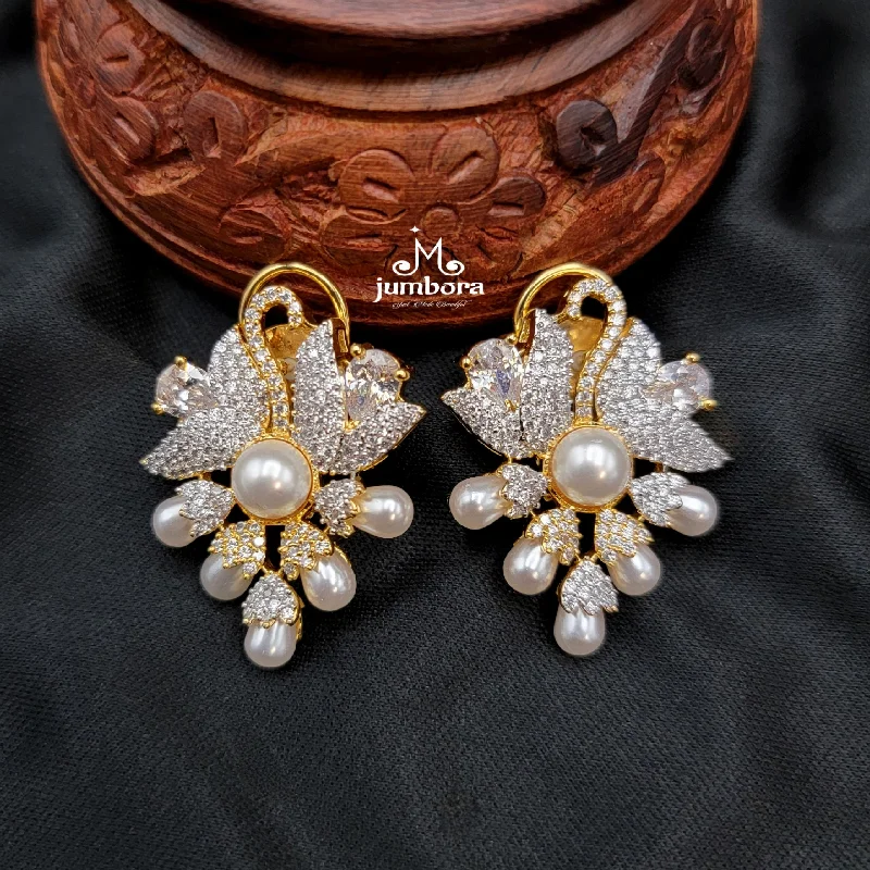 women's earrings with crystal studs -Partywear Designer Floral Pearl &  White AD Zircon Earrings