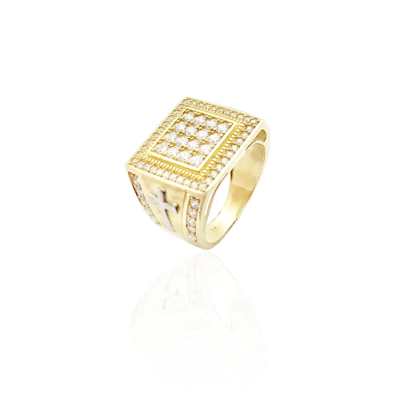 women's rings with statement stone -Two-Tone Square CZ Cross Ring (10K)