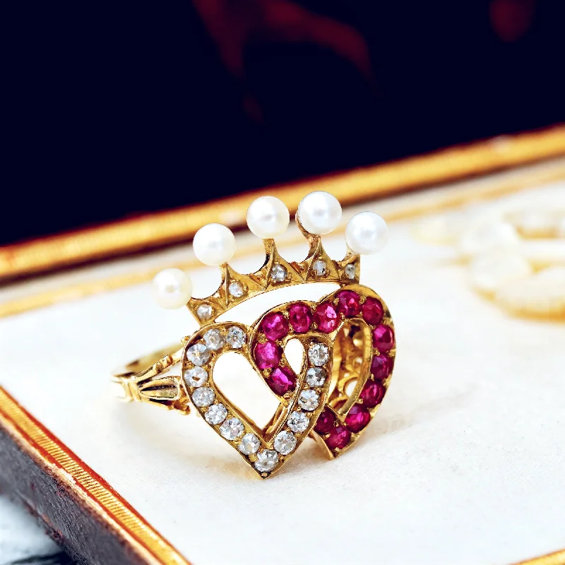 women's engagement rings with bold solitaire -Extravagant Antique Crowned Ruby & Diamond Hearts Ring