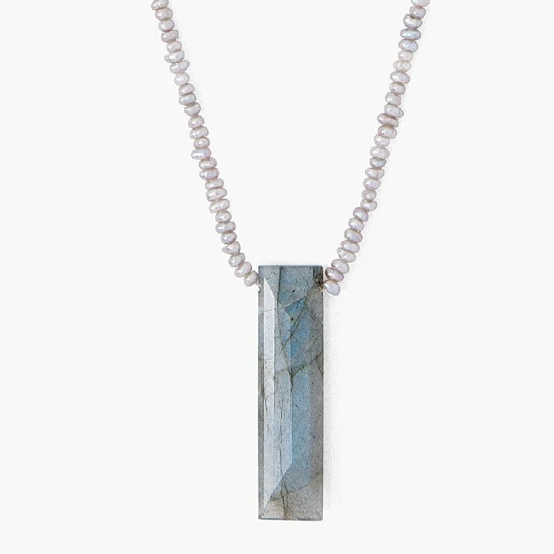 women's necklaces with adjustable length -Tiny Grey Pearls with Labradorite Tab Necklace