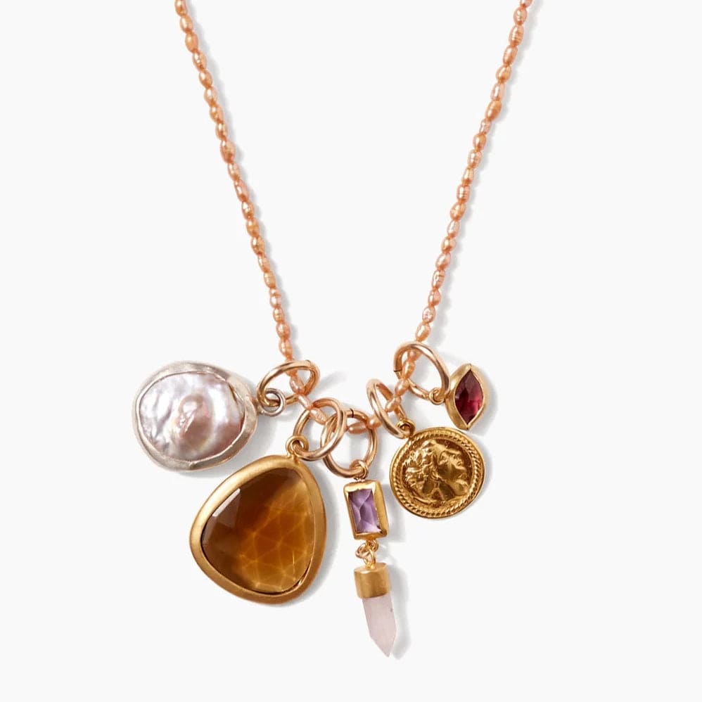 women's necklaces with bezel setting -Hypatia Charm Necklace - Champagne Pearl Mix