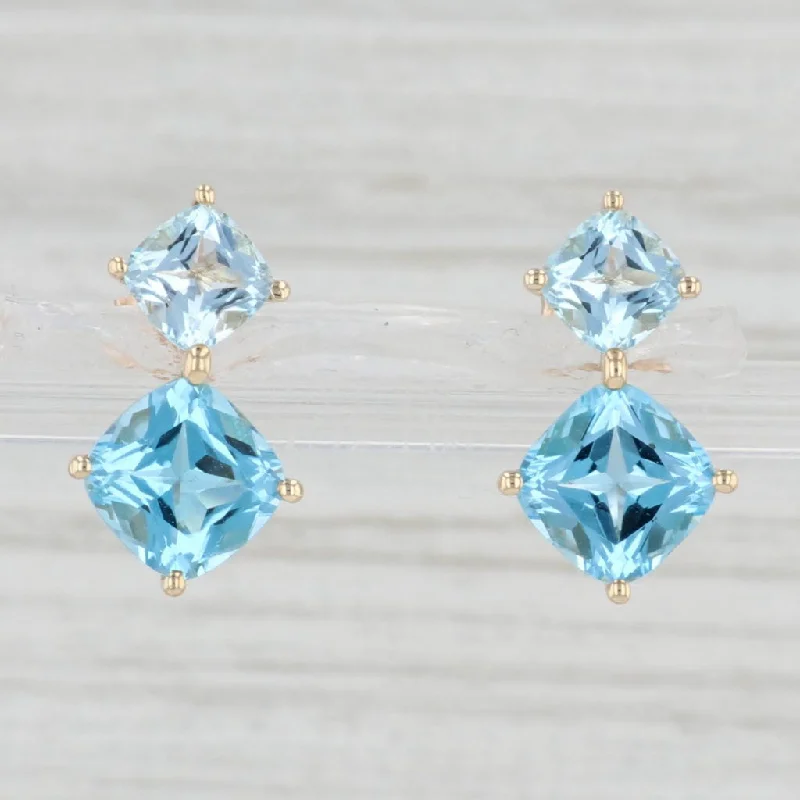 women's earrings with star-shaped design -5ctw Cushion Princess Blue Topaz Drop Earrings 10k Yellow Gold