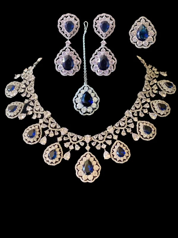 women's necklaces with vintage style -BR97 Cz necklace set  - sapphire ( READY TO SHIP )