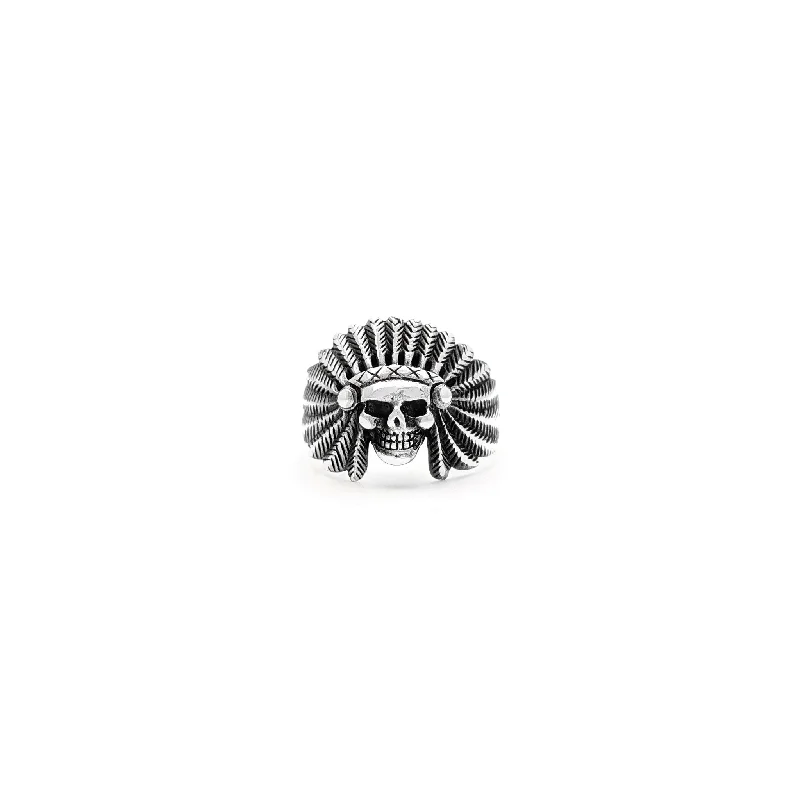 women's rings with double halo -Antique-Finish Indian Chief Skull Ring (Silver)