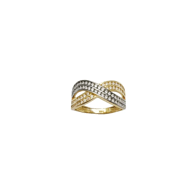 women's rings with pear-shaped diamond -Two-Tone Channeled Stone Criss Cross Ring（14K）