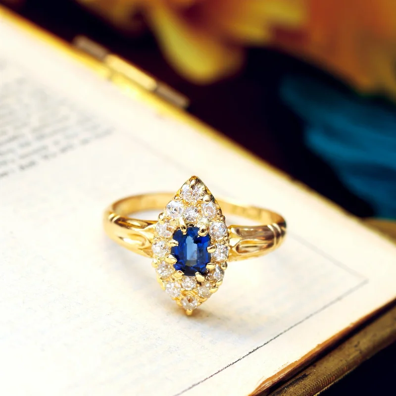 women's engagement rings with rose-cut diamond -Antique Victorian Sapphire & Diamond Navette Ring