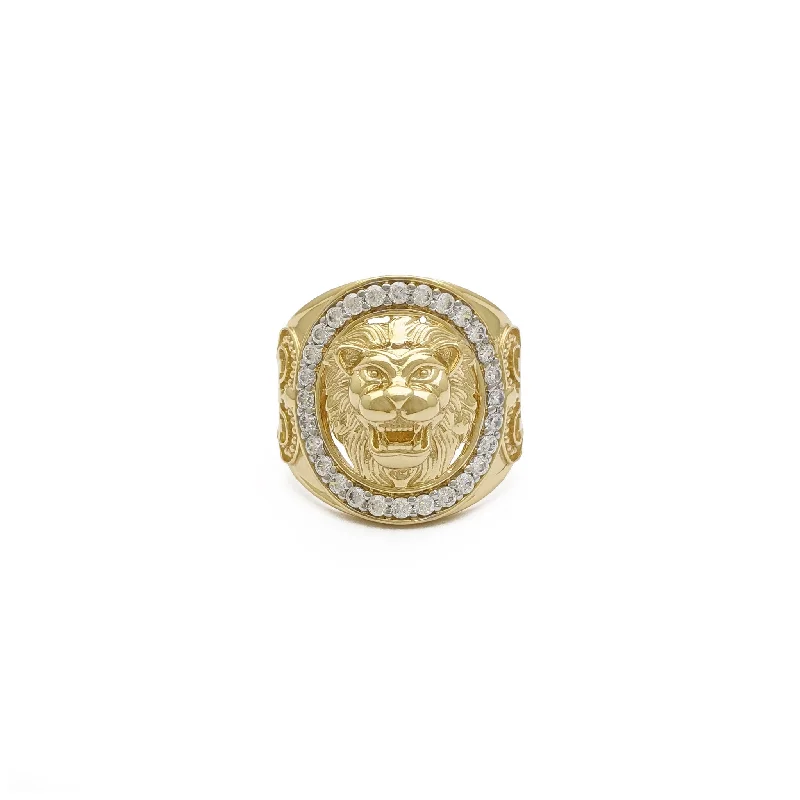 women's rings with yellow gold band -Iced-Out Border Roaring Lion Ring (14K)