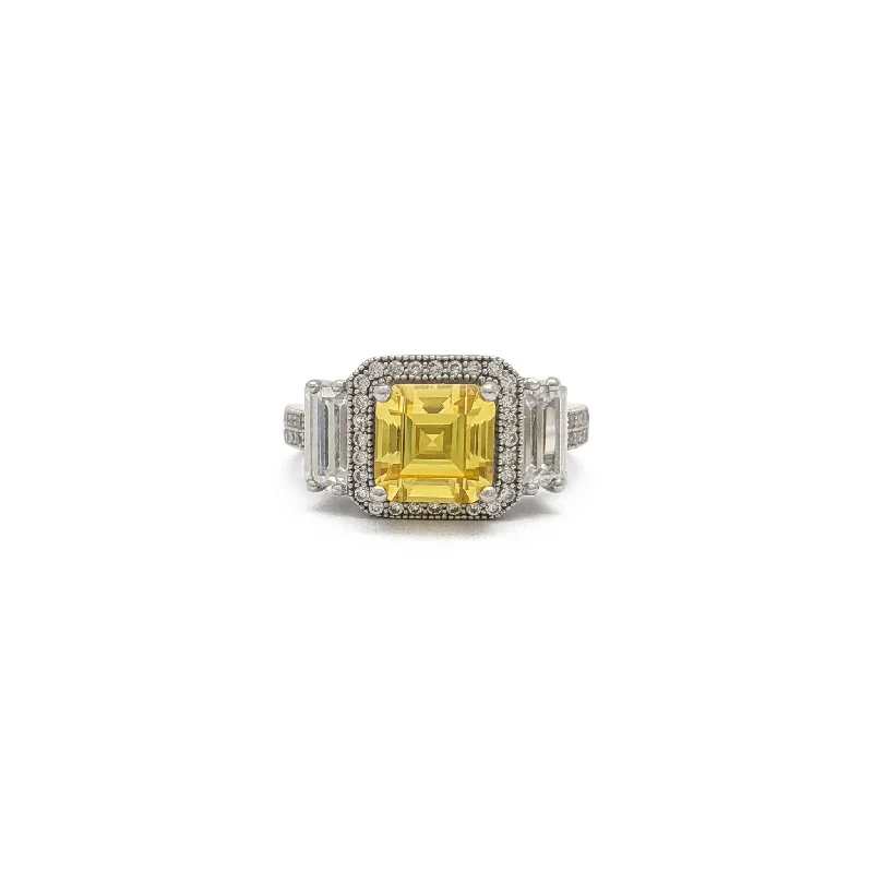 women's rings with opal -Yellow Asscher Cut Three Stone Ring (Silver)