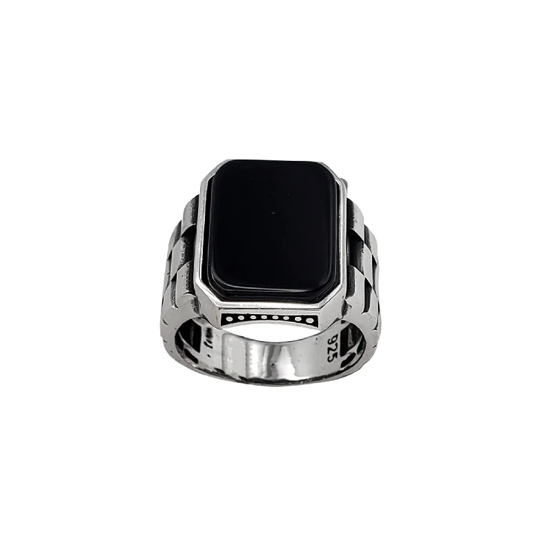 women's rings with vintage appeal -Antique-Finish Rectangle Black Onyx Men's Ring (Silver)