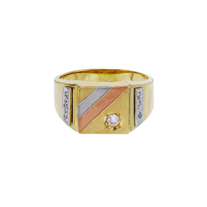 women's rings with twist band -Tricolor Regal Square Stone Set Men's Ring (14K)