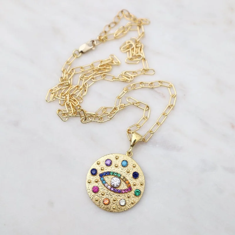 women's necklaces with bright sapphire -Rainbow Evil Eye Medallion Necklace