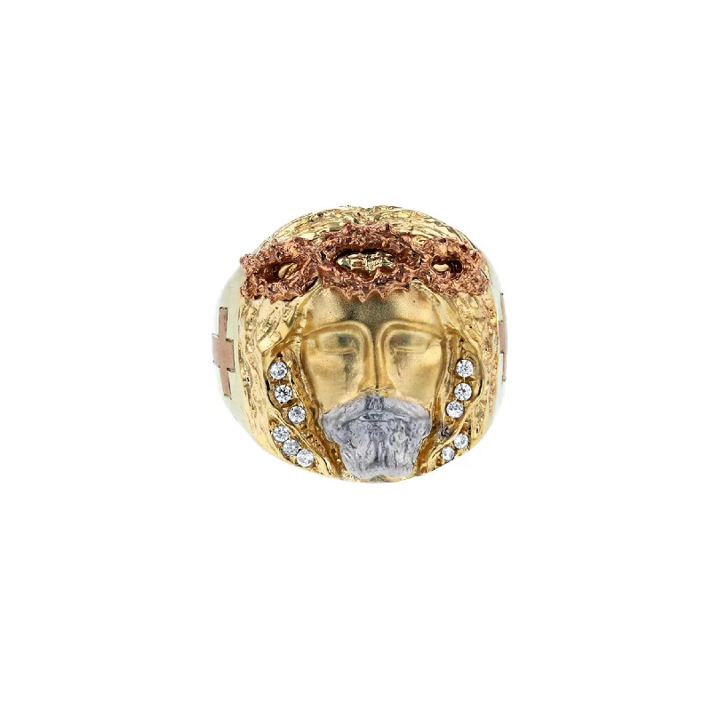 women's rings with multi-stone setting -Tricolor Stone-Set Jesus Head Ring (14K)