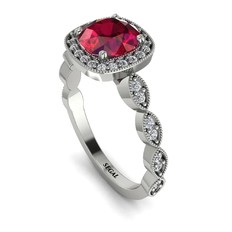 women's engagement rings with heart-shaped diamond -Vintage Inspired Ruby Halo Ring - Frances No. 12