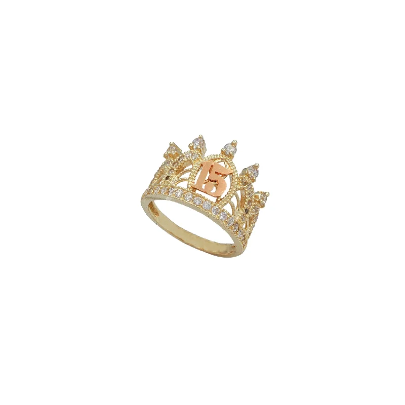 women's rings gold -Zirconia Two-Tone 15 Years Crown/Tiara Ring (14K)