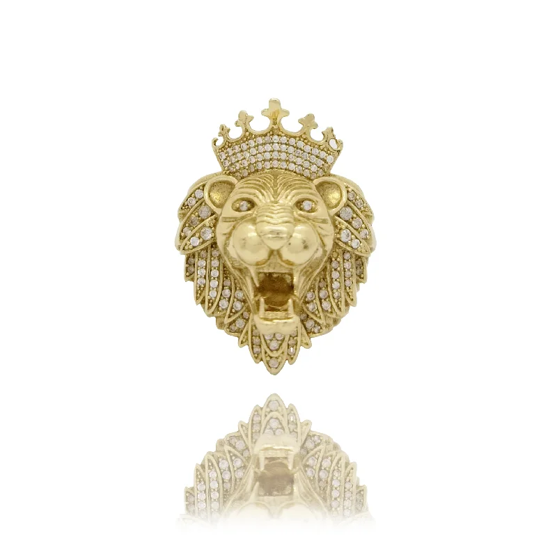 women's rings with celestial charm -Cubic Zirconia (CZ) Crowned Lion (King of Jungle) Yellow Gold Ring (14K)