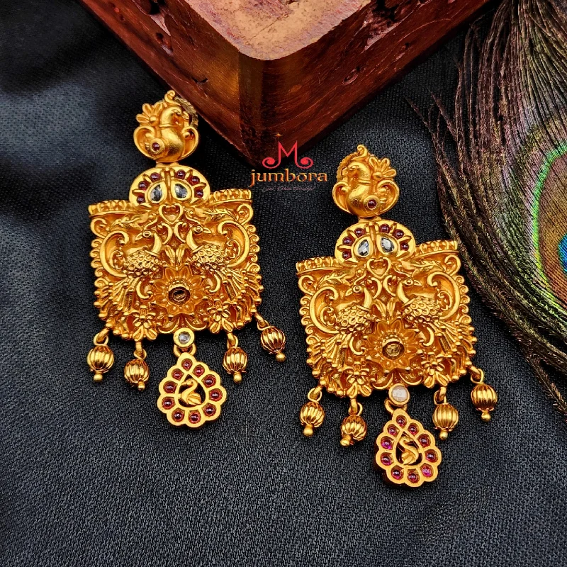 women's earrings with gemstone studs -Peacock Matte Finish Gold Kemp Earrings