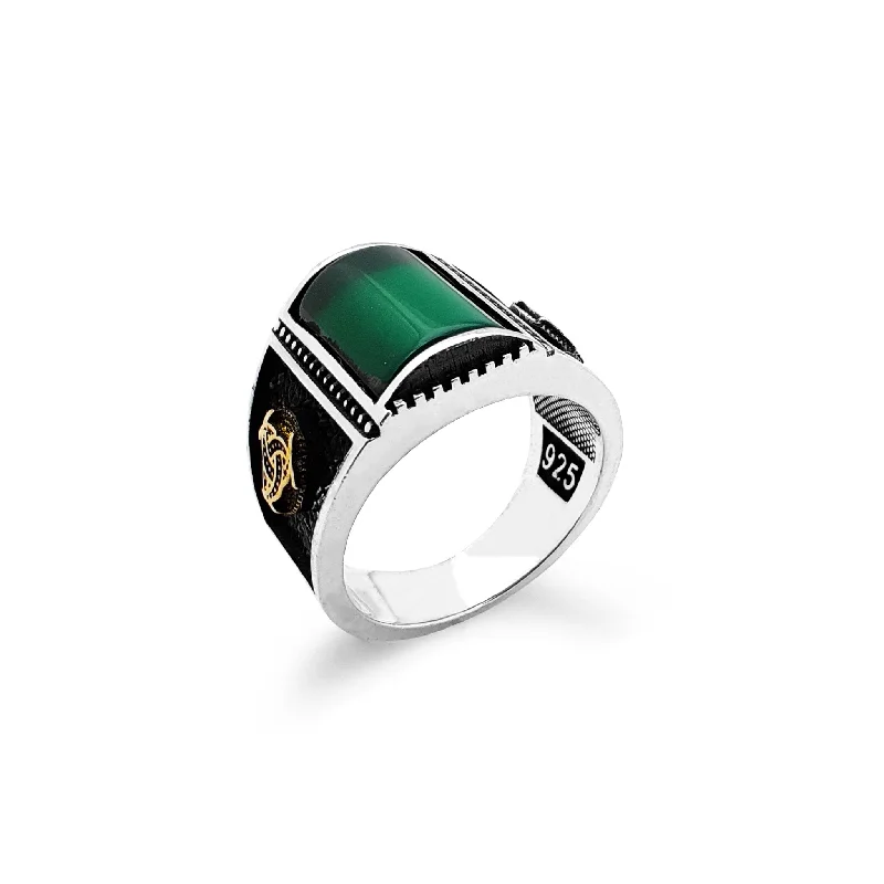 women's rings with vintage appeal -Curved Trinity Green Stone Ring (Silver)