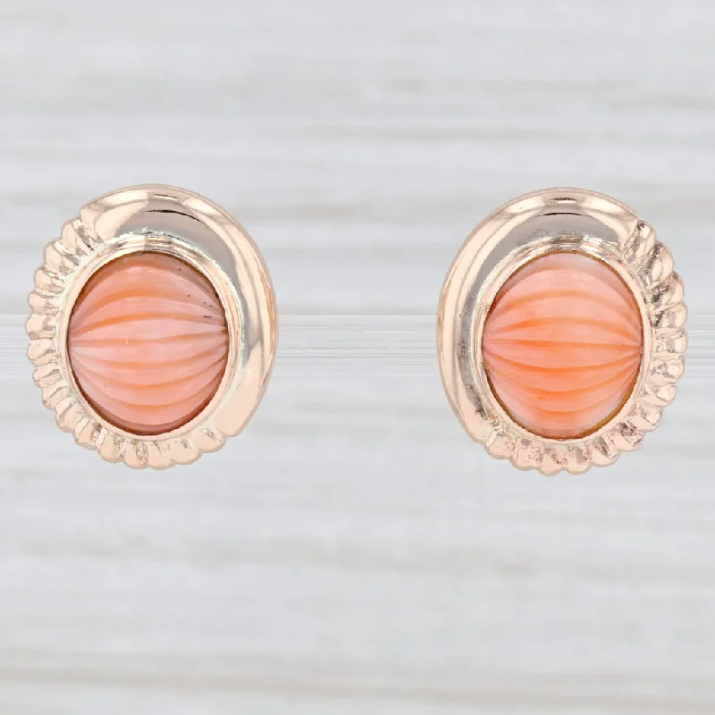 women's earrings with polished finish -Carved Coral Cabochon Stud Earrings 14k Rose Gold Pierced Omega Backs