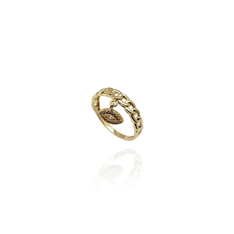 women's rings with large center stone -Dangling Evil Eye Cuban Link Ring (14K)