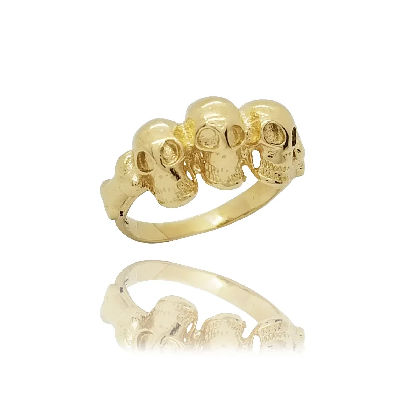 women's rings with romantic design -Three Skull Yellow Gold Ring (14K)