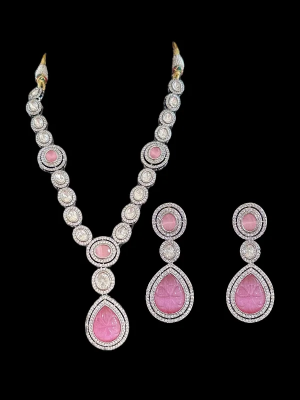 women's necklaces with statement stone -DNS55 Reema high quality Polki necklace set - PINK  ( READY TO SHIP )