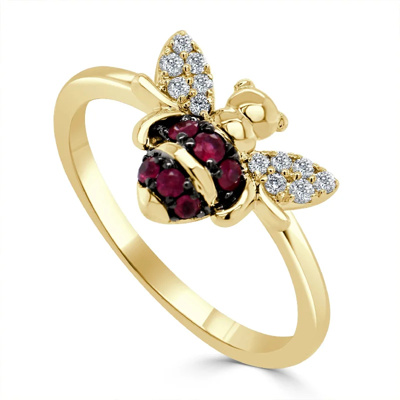 women's engagement rings with floral diamond setting -14k Gold Ruby & Diamond Bumble Bee Ring