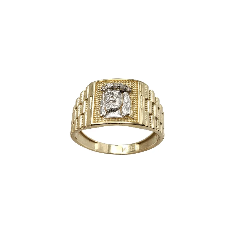 women's rings with twisted design -Two-Tone Jesus Emblem Ring (14K)