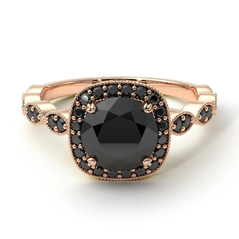 women's engagement rings with vintage halo -Vintage Inspired Black Diamond Halo Ring - Frances No. 38