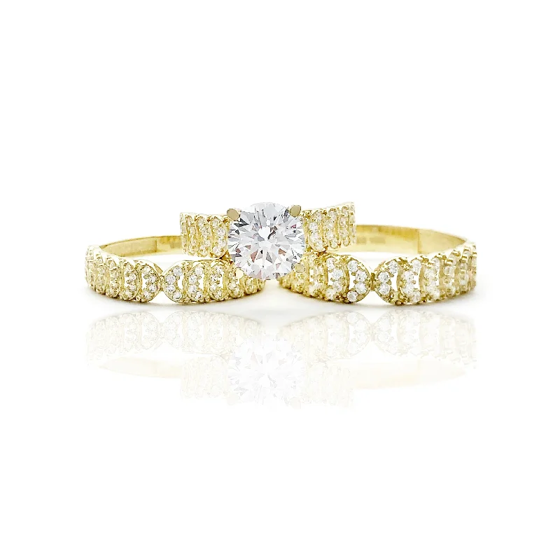 women's rings with minimalist charm -Three Pieces Half Cuban Link Design CZ Ring (10K)