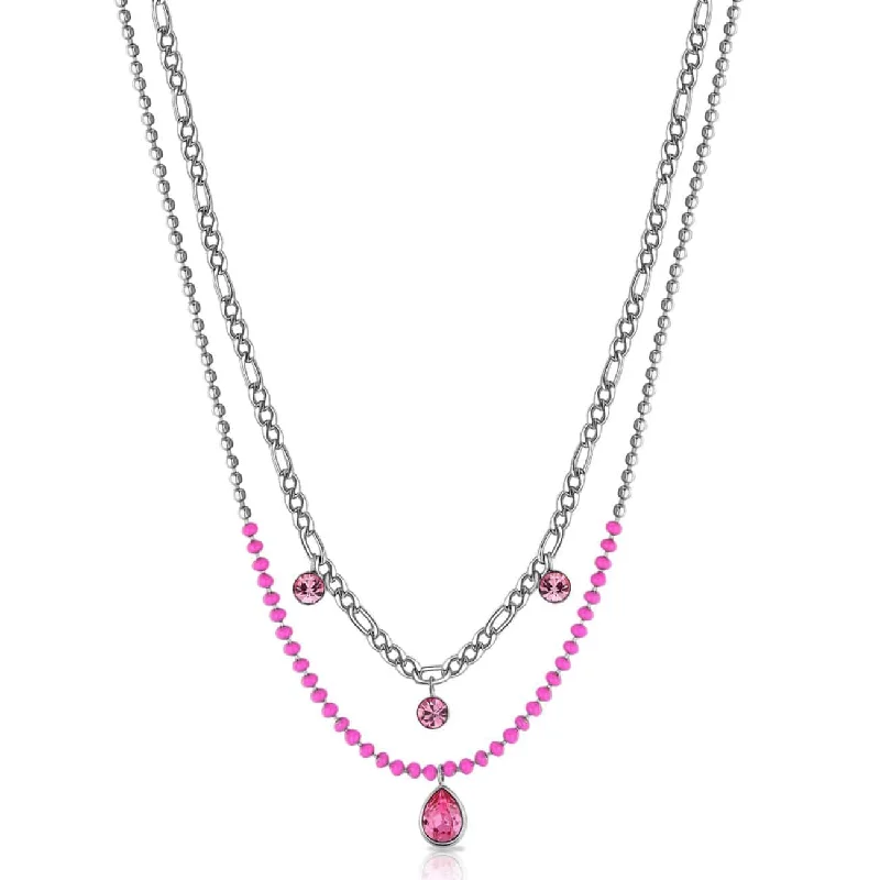 women's necklaces with sapphire -Stainless Steel Double Necklace with Fuchsia Enamel & Light Rose Crystals