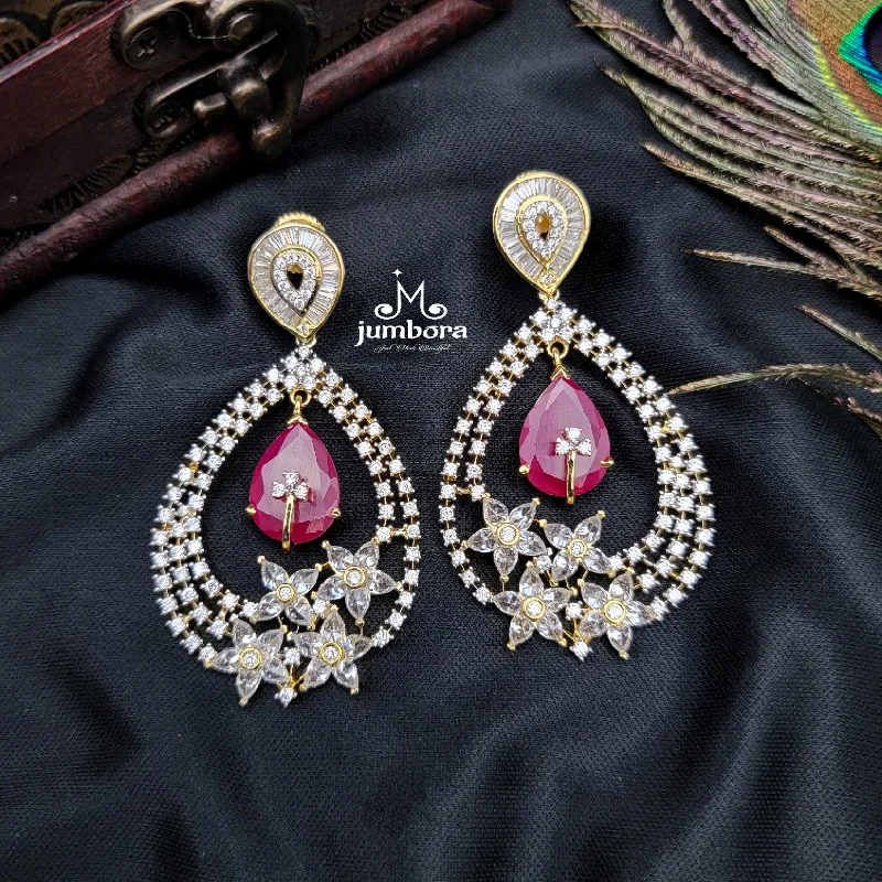 women's earrings with gemstone studs -Partywear Designer White & Ruby Red AD Zircon Earrings