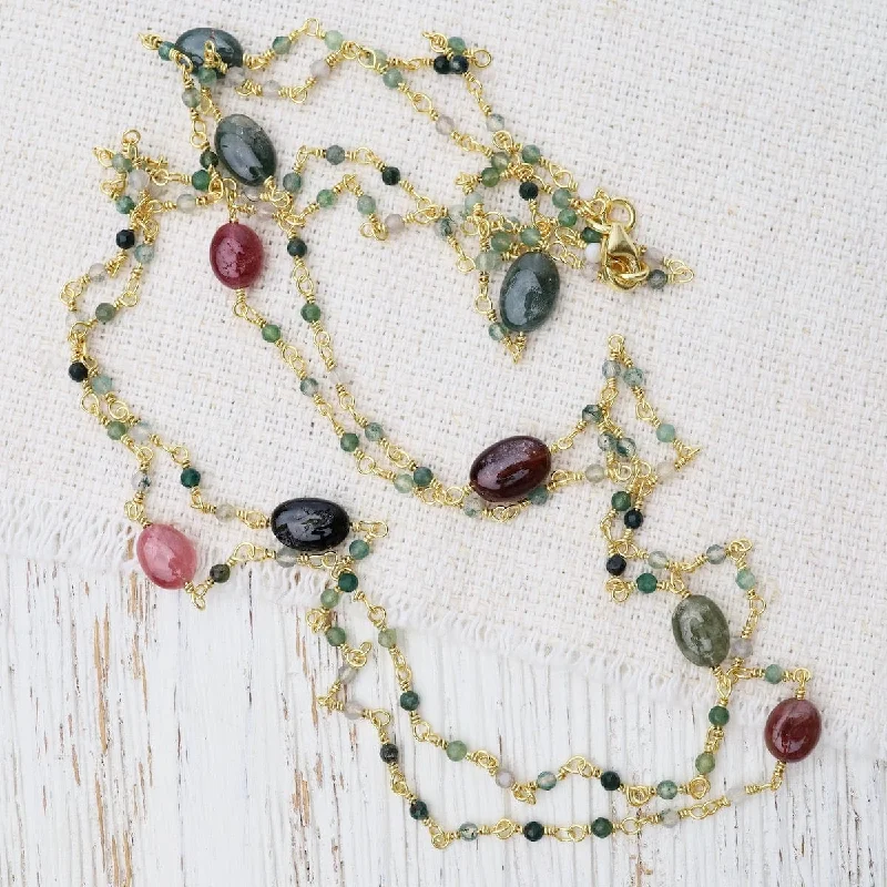 women's necklaces with opal -Long Tourmaline & Moss Agate Necklace