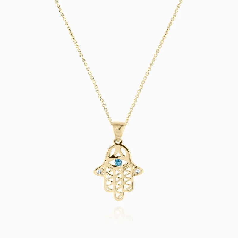 women's necklaces with layered pendants -Gold Hamsa Necklace with Blue Topaz and Diamonds