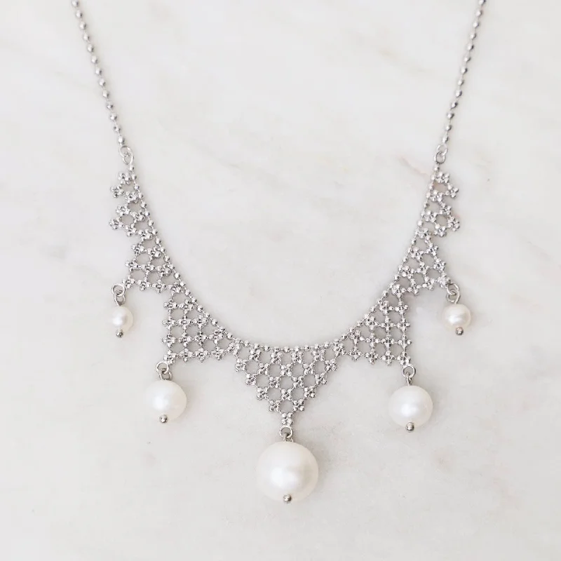 women's necklaces with statement stone -Lace Points with White Pearls Necklace