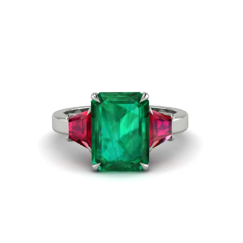 women's engagement rings with large center stone -Emerald Emerald Cut Three Stone Ring With Custom Baguette - Yvette No. 51