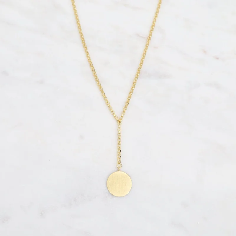 women's necklaces with halo setting -Brushed Gold Vermeil Disc Drop "Y" Necklace