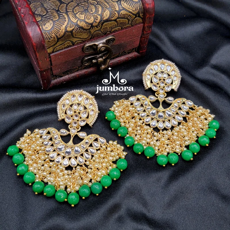 women's earrings with colorful gemstones -Statement Chand Bali Kundan Earrings with green Bead