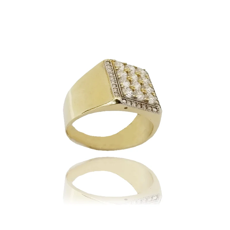 women's rings diamond -Iced Out CZ Cocktail Block Yellow Gold Ring (14K)