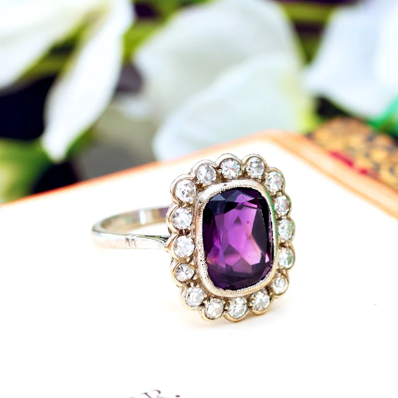 women's engagement rings with curved band -Finest Vintage Amethyst & Diamond Cluster Dress Ring