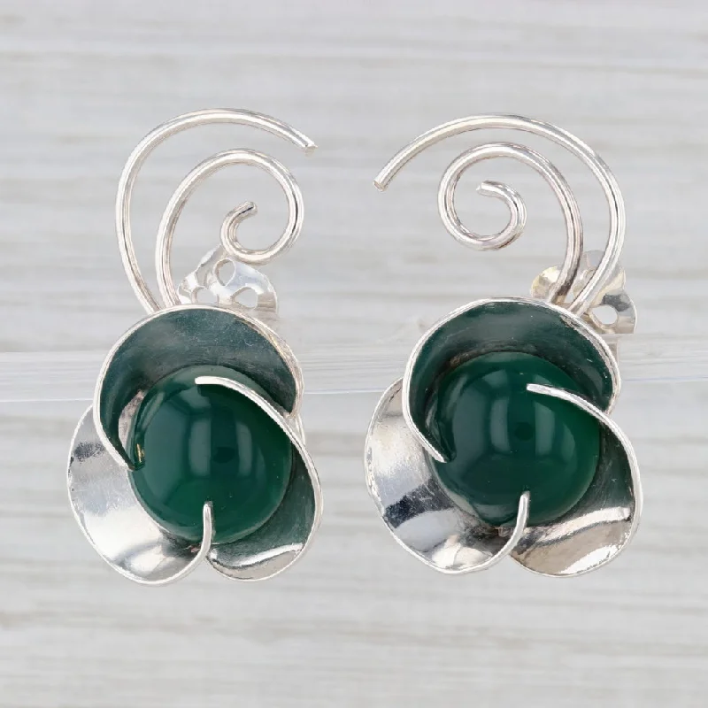 women's earrings with hoop and charm -Vintage Green Glass Flower Earrings Sterling Silver Clip On Non Pierced