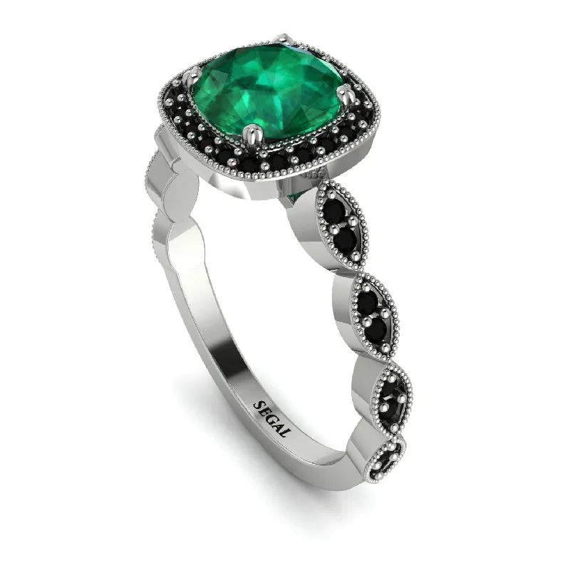 women's engagement rings with platinum setting -Vintage Inspired Emerald Halo Ring - Frances No. 36